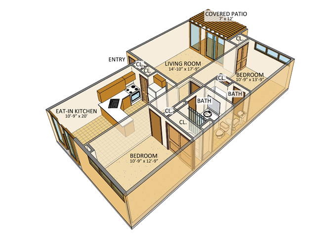 Floor plan for 2 beds, 2 baths, 1080 sqft